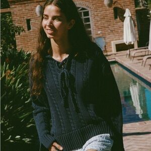 Ciao Lucia Karolin Cotton Collar Cable Knit Pullover Sweater Boat Navy Blue